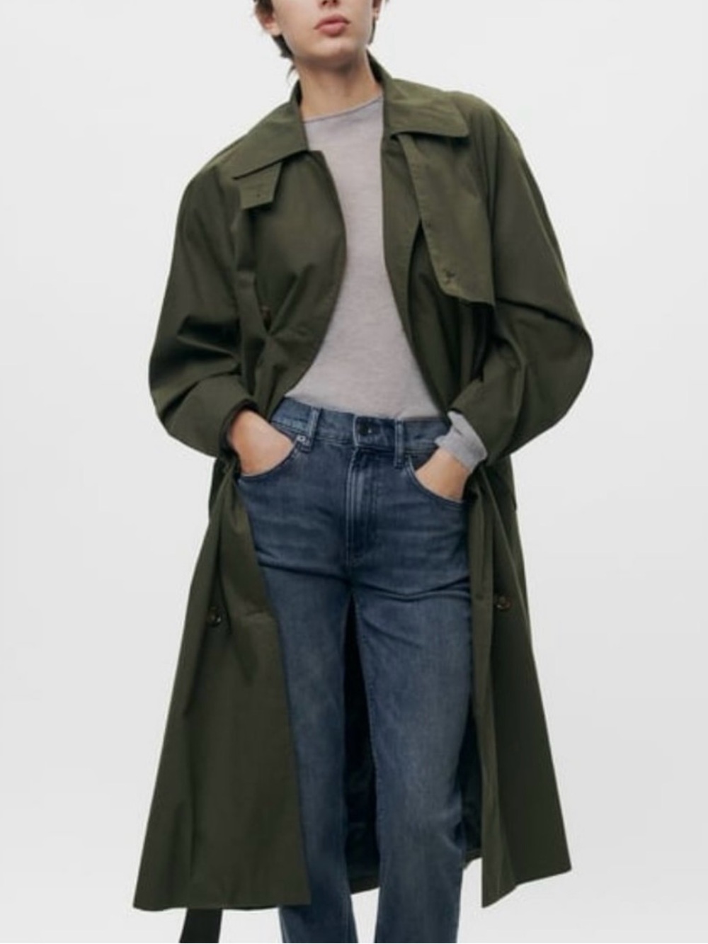 NWT Zara ZW Collection Oversized High Neck Stand Collar Trench Coat XS Olive